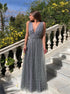 Grey Tulle V Neck Beadings Prom Dress LBQ1674
